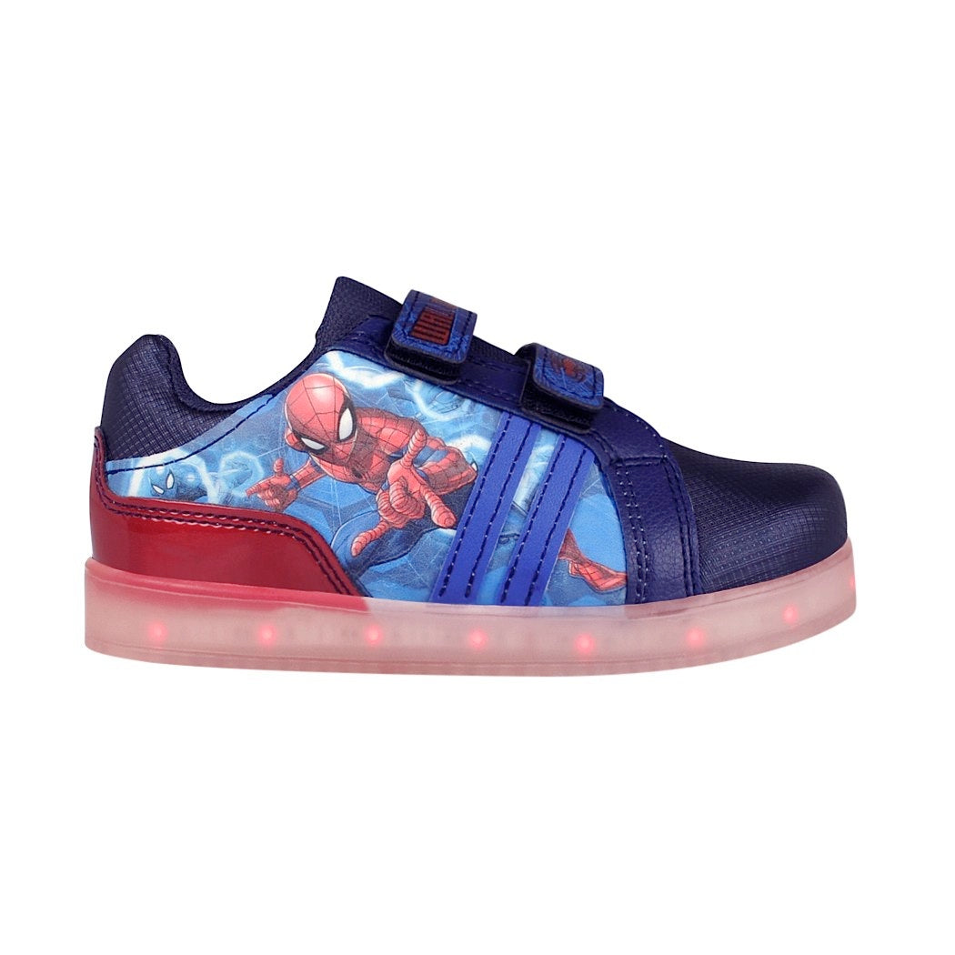 Tenis Led Spiderman para niño simipiel marino con rojo 3507